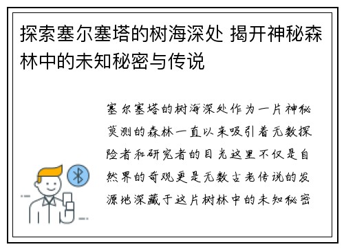 探索塞尔塞塔的树海深处 揭开神秘森林中的未知秘密与传说