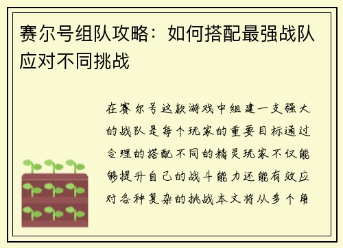 赛尔号组队攻略：如何搭配最强战队应对不同挑战