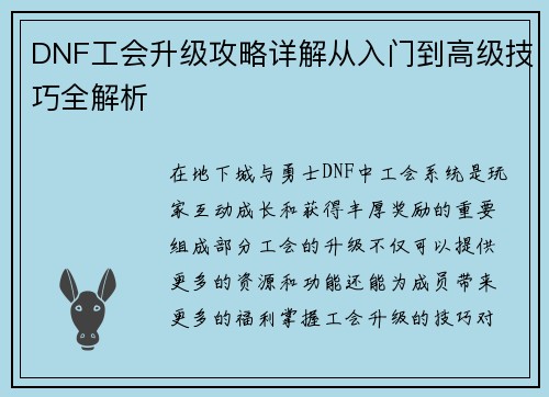 DNF工会升级攻略详解从入门到高级技巧全解析