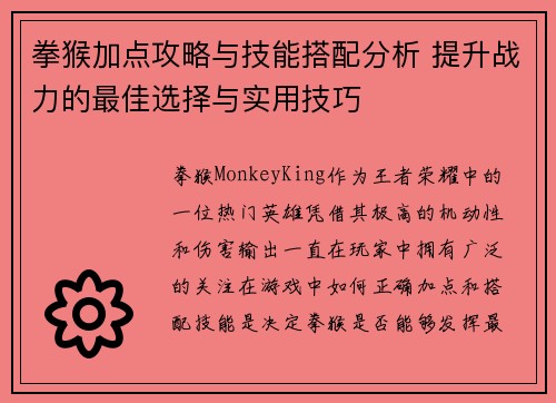 拳猴加点攻略与技能搭配分析 提升战力的最佳选择与实用技巧