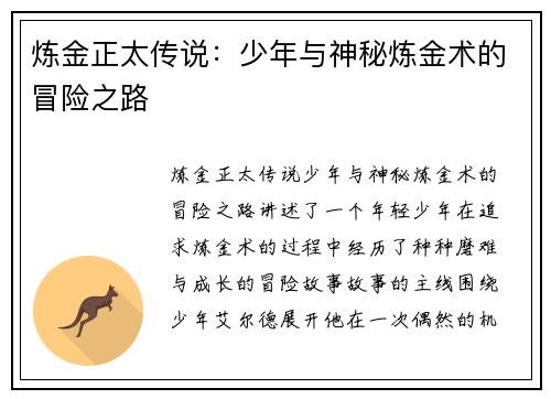 炼金正太传说：少年与神秘炼金术的冒险之路