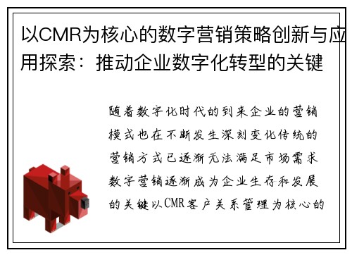 以CMR为核心的数字营销策略创新与应用探索：推动企业数字化转型的关键路径